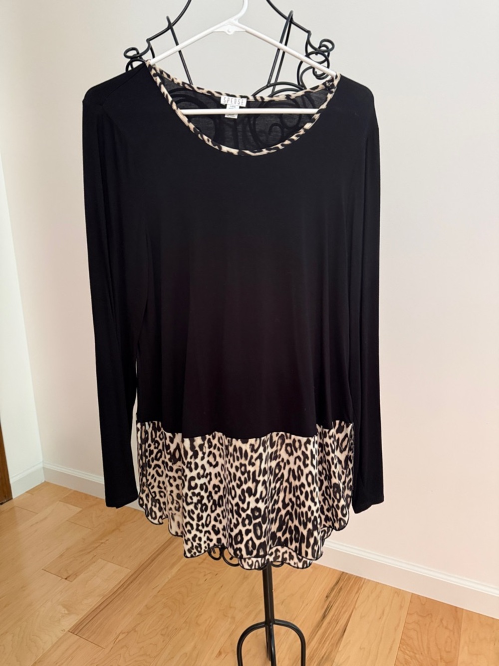 Black Long-Sleeve Top with Leopard Trim